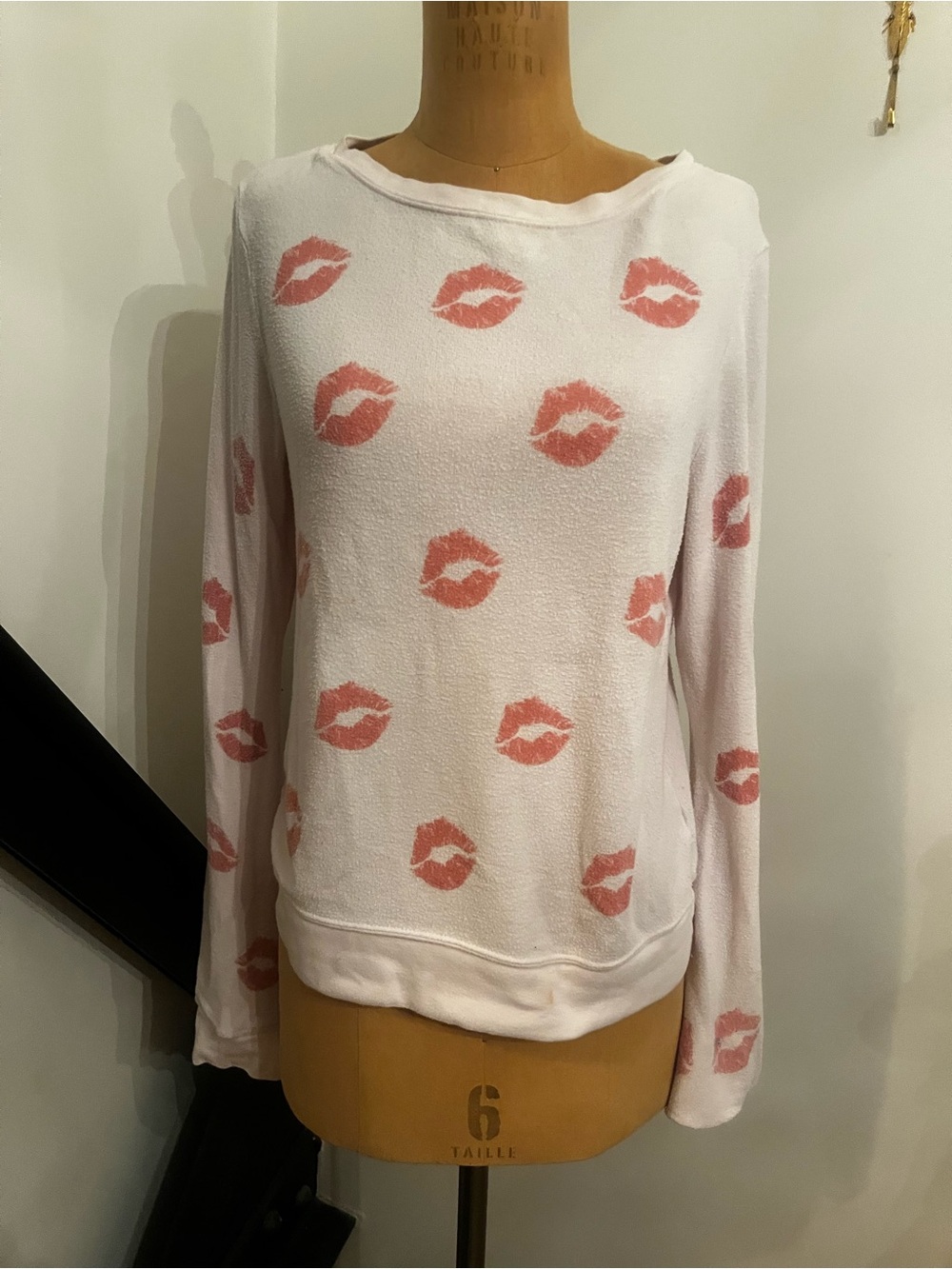Wildfox White Pullover Sweatshirt with Pink Kiss Print